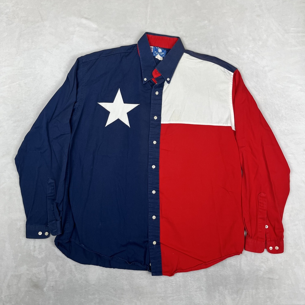 VTG Texas Cotton Shirt Mens L Texas Flag Colorblock Long Sleeve Button Front